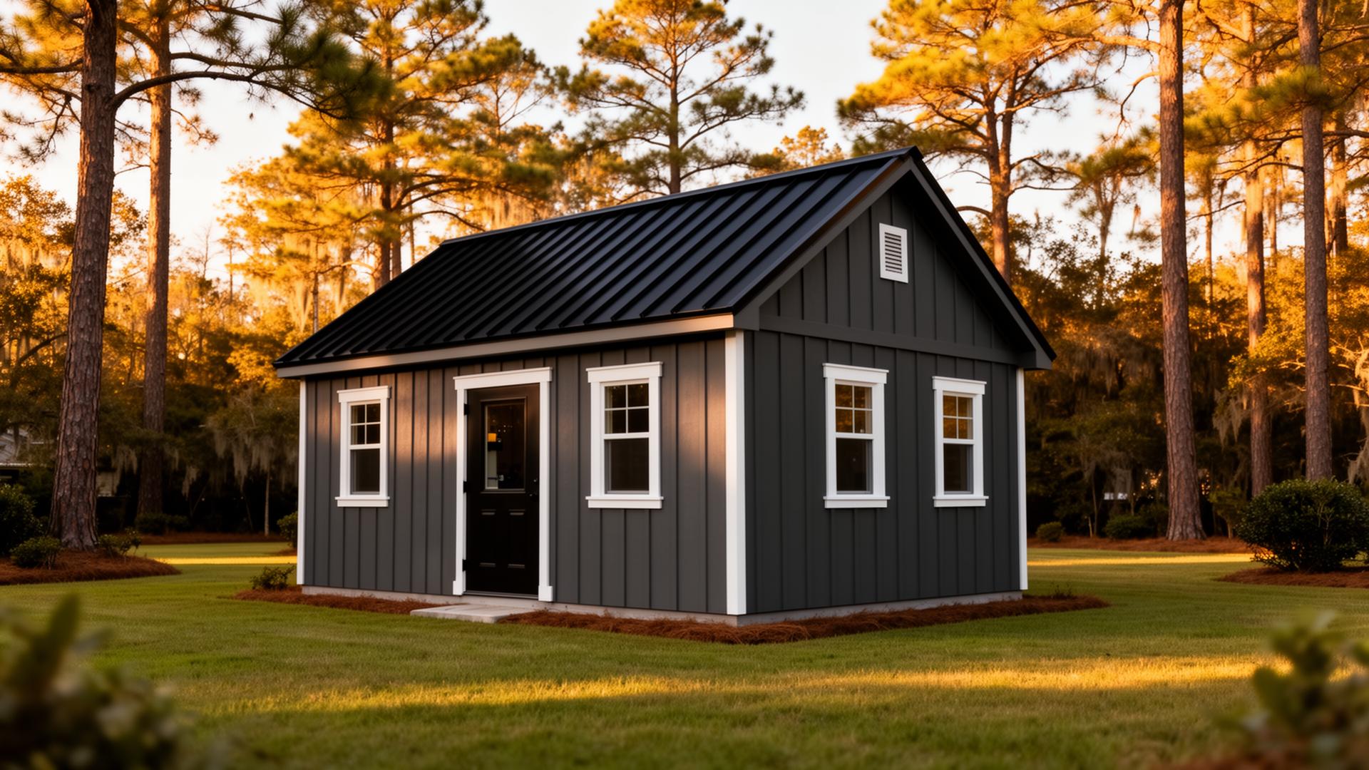 Custom MZ Builds workshop shed at golden hour in Newberry, South Carolina